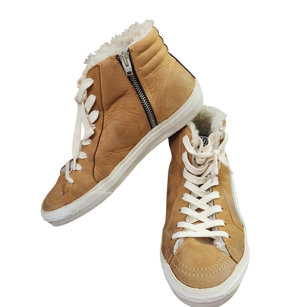 Golden Goose Slide Tan Suede Shearling Lined High Top Sneakers Silver Star 37